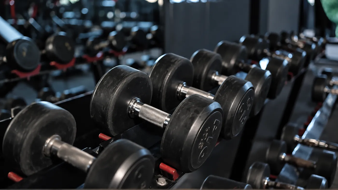 Rack of rubber dumbbells at the Kottarakkara gym